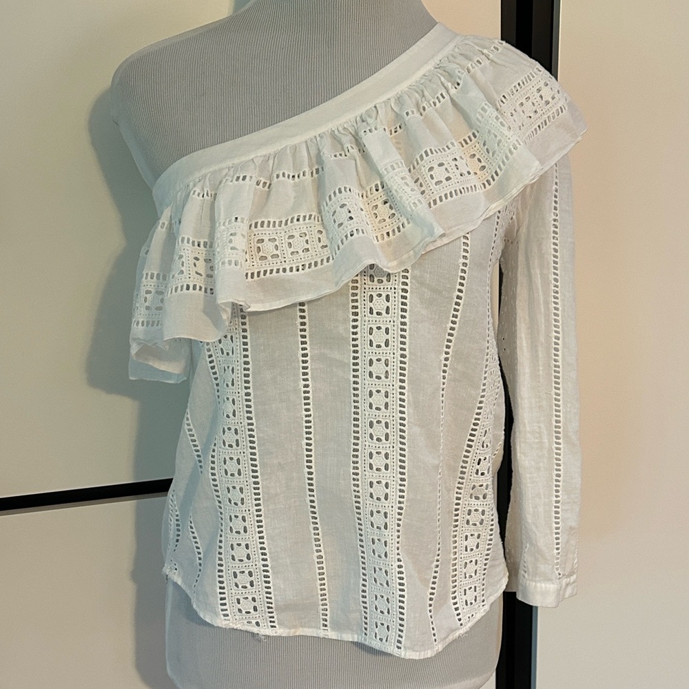 Veronica Beard Cruz Eyelet One Shoulder Top Ruffle White Blouse